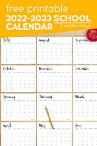 2022-2023 school calendar pages with pencil and apple with text overlay- free printable 2022-2023 school calendar