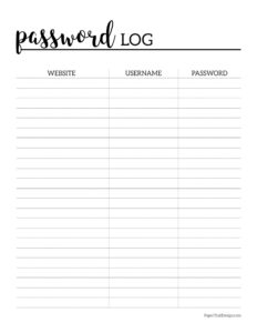 password log printable page with a column to write website, username, and password. 