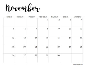 November 2023 calendar printable black and white horizontal calendar