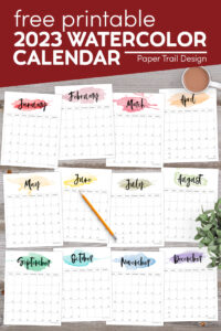 Full calendar for the year 2023 with watercolor design with text overlay- free printable 2023 watercolor calendar