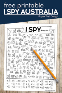 I spy Austrailia themed activity page with pencil with text overlay- free printable I spy Australia