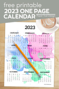 Watercolor year at a glance printable 2023 calendar one page with text overlay- free printable 2023 one page calendar