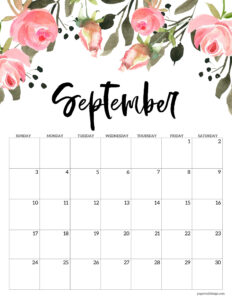 September 2023 floral calendar page to print for free