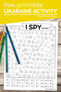 Kids I spy Ukraine activity page with text overlay- free printable Ukraine activity