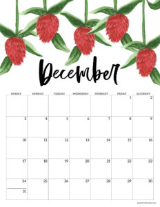 December 2023 floral calendar page to print for free