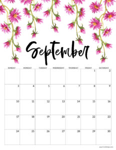 September 2023 floral calendar page to print for free