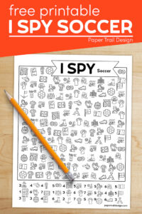Soccer I spy activity page with pencil with text overlay- free printable I spy soccer