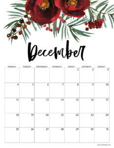December 2023 calendar page with floral design to print for free.