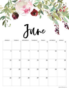 June 2023 calendar page with floral design to print for free.