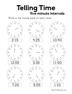 Telling time worksheet to the five minute interval draw the minute hand on the clock