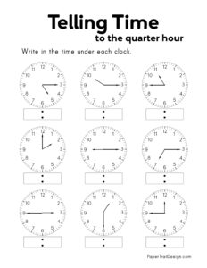 Telling time worksheet to the quarter hour write the time on the clock