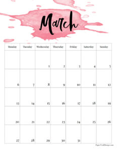 March 2023 pink Monday start watercolor calendar
