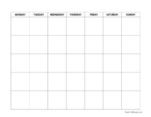 Monday start blank calendar template
