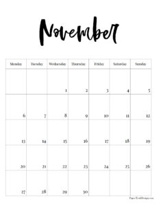November Monday start black and white vertical calendar