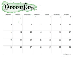 December 2023 horizontal watercolor calendar with Monday start