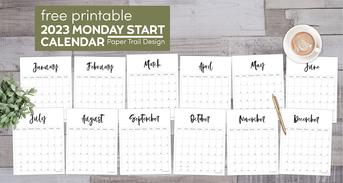 Yearly calendar for 2023 with Monday start with text overlay- free printable 2023 Monday start calendar