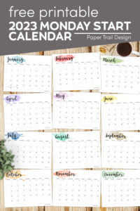 Full year 2023 horizontal calendar with watercolor design with text overlay- free printable 2023 Monday start calendar