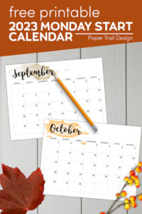 September and October 2023 Monday start calendar pages with watercolor design with text overlay- free printable 2023 Monday start calendar