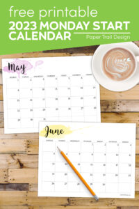 May and June 2023 Monday start calendar pages with watercolor design with text overlay- free printable 2023 Monday start calendar