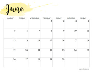 June 2023 horizontal watercolor calendar with Monday start
