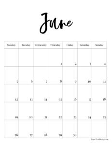 June Monday start black and white vertical calendar