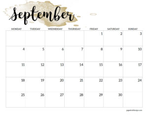 September 2023 horizontal watercolor calendar with Monday start