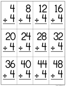 Division flash cards for numbers divided by 4