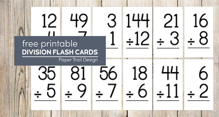 Division flash cards for 1-12 with text overlay- free printable division flash cards