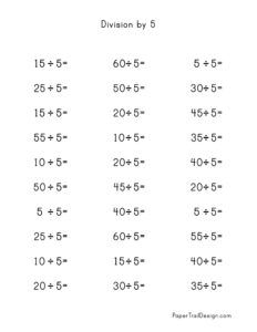 Division by 5 worksheet with division problems for number 5