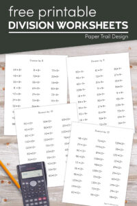 Division worksheets to work on division facts with text overlay- free printable division worksheets