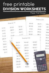 Division by 1,2,and 3 worksheets with text overlay- free printable division worksheets