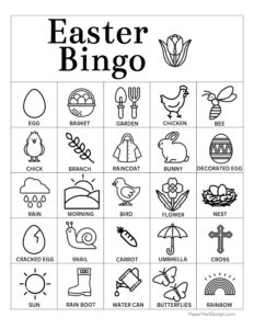 Easter Bingo card 20 with various easter images aranged on a Bingo card