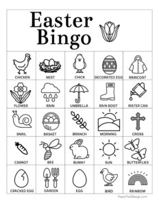 Easter Bingo card 4 with various easter images aranged on a Bingo card