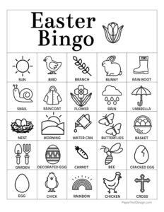 Easter Bingo card 7 with various easter images aranged on a Bingo card