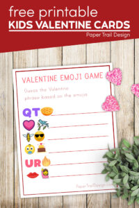 Emoji guessing game kids Valentine cards with text overlay- free printable kids valentine cards