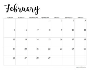 Monday Start Black and White February 2024 Calendar Page
