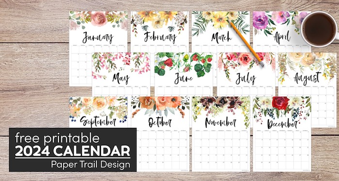 Yearly calendar for 2024 with floral design with text overlay- free printable 2024 calendar 