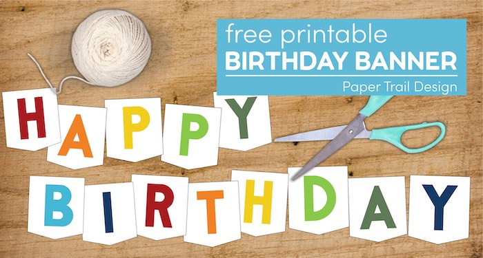 Happy birthday printable sign in rainbow design on white for low ink with text overlay- free printable birthday banner