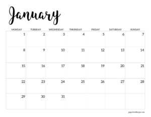 January 2024 Monday start calendar month template