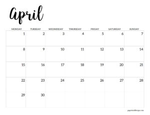 April 2024 Monday start calendar month template