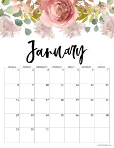January 2024 Monday start calendar with floral design to print for free