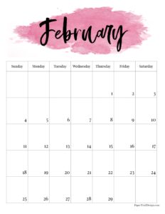 February 2024 watercolor calendar design with pink watercolor splash