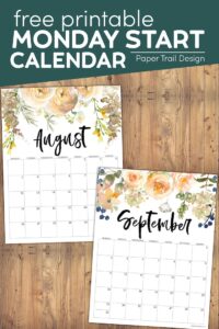 August and September 2024 Monday start calendar pages with text overlay- free printable Monday start calendar