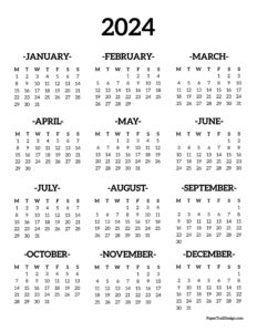 Black and white basic one page Monday start calendar for 2024