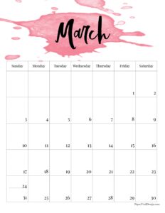 March 2024 watercolor calendar design with pink watercolor splash