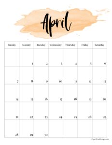 April 2024 watercolor calendar design with orange watercolor splash