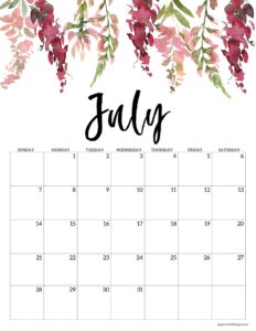 July 2024 floral calendar page to print for free