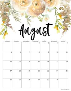 August 2024 Monday start calendar with floral design to print for free