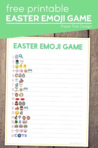 Fun Easter game emoji pictionary with text overlay- free printable Easter emoji game