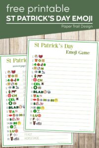 St Patrick's Day activity page with text overlay- free printable St Patrick's Day Emoji